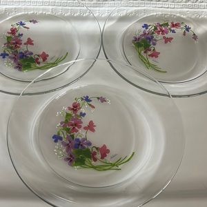 3 vintage wild violets Arcoroc by j Walsh Hand painted Luncheon glass pl…